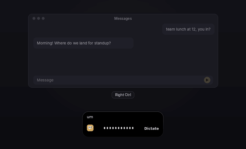 Animated demo: press Right Ctrl, the pill shows a live waveform and streaming transcription, then the polished sentence is typed into a chat app