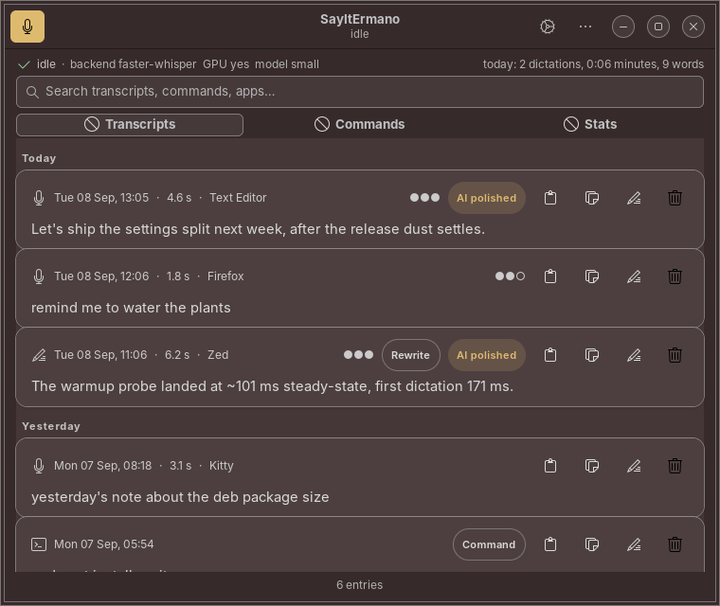 History window: status header, search field, and a list of dictation entries with replay buttons