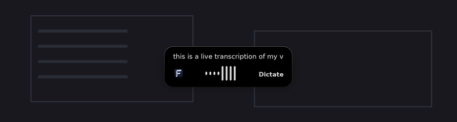 The SayItErmano pill overlay while recording: a dark rounded bar with a live waveform and streaming transcription text