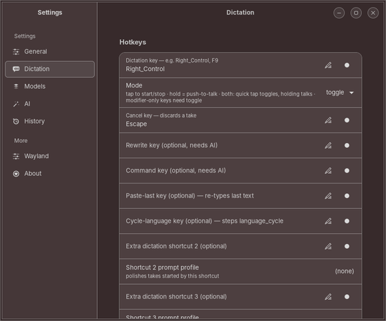 Settings window, Dictation page with hotkeys, languages and mic picker
