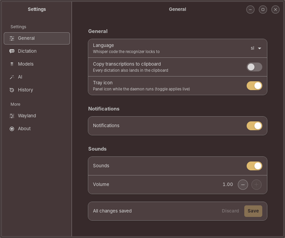 Settings window, General page