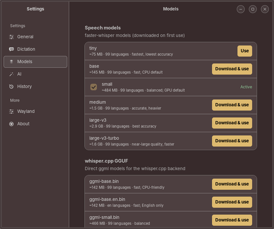 Settings window, Models page with one-click switch and downloads