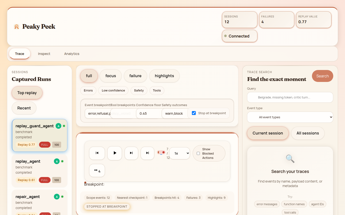 Peaky Peek Agent Debugger showing decision tree, timeline, and event details